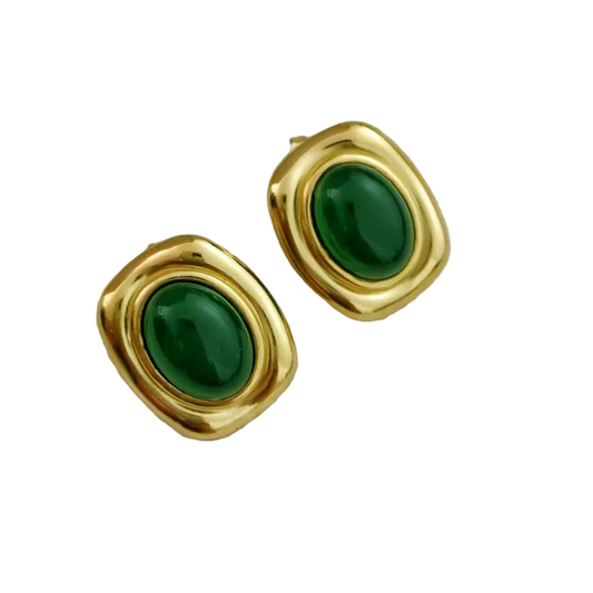 Earrings gilded steel oval green stone-ea007