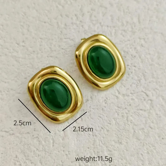 Earrings gilded steel oval green stone-ea007