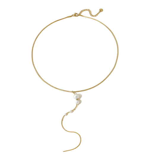 Colier lung din oțel placat cu aur cu perle-NE464