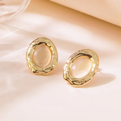 Σκουλαρίκια ατσάλι οβάλ με μπεζ πέτρα-EA321