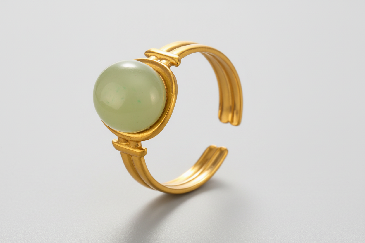 Inel din oțel placat cu aur cu piatră naturală verde-R272