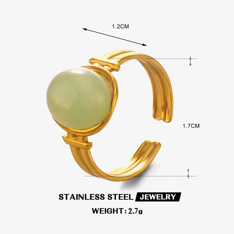 Inel din oțel placat cu aur cu piatră naturală verde-R272