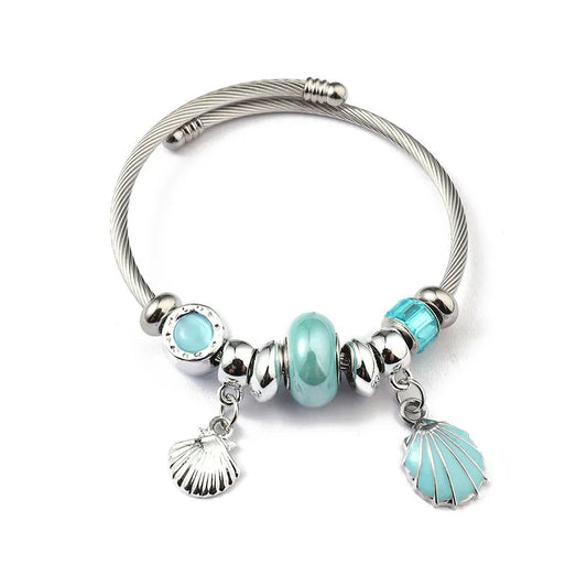 Βραχιόλι ατσάλινο bangle με γαλάζια charms και κοχύλι -BR392