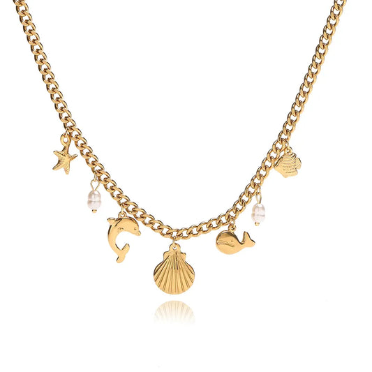 Κολιέ ατσάλινο χρυσό με καλοκαιρινά charms- ne442