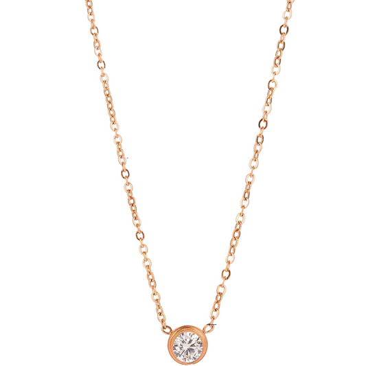 Κολιέ ροζ χρυσό ατσάλι με στρόγγυλο στρας-NE018