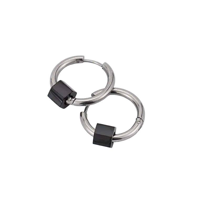 Σκουλαρίκια ατσάλι ασημί κρικάκι με μαύρο-EA665