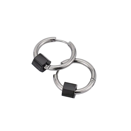 Σκουλαρίκια ατσάλι ασημί κρικάκι με μαύρο-EA665