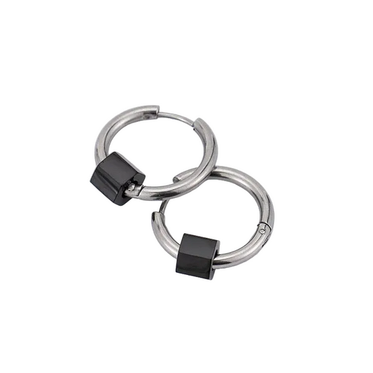 Σκουλαρίκια ατσάλι ασημί κρικάκι με μαύρο-EA665