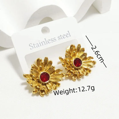 Earrings Gold Plated Peel with Magenta Stone-EA009
