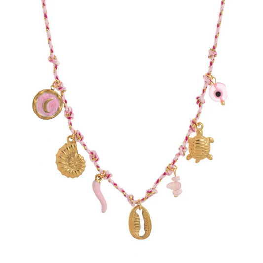 Colier din oțel placat cu aur cu șnur roz și brelocuri aurii-
