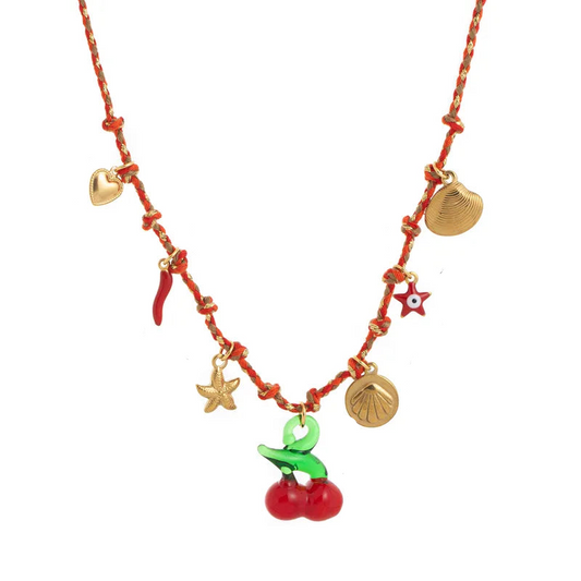 Κολιέ επιχρυσωμένο ατσάλι με κεράσι και καλοκαιρινά charms- NE697