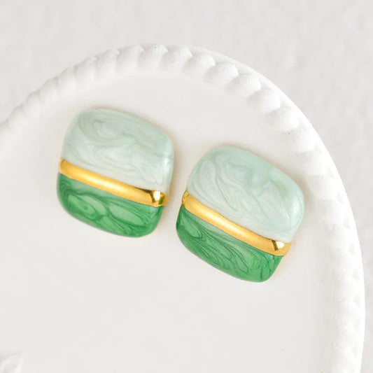 Earrings gold-plated squares with gold white and green-ea303