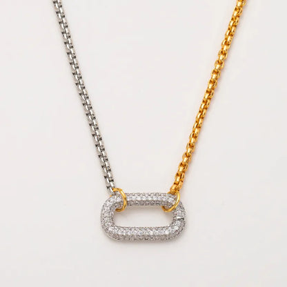 Gold and silver steel necklace with zircon oval-ne401