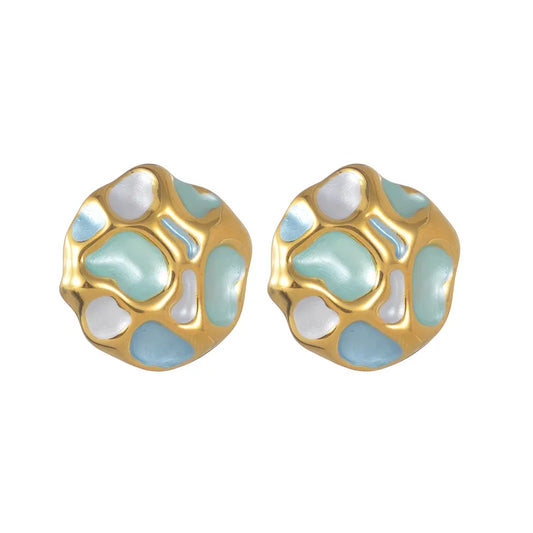 Σκουλαρίκια ατσάλι στρόγγυλα με γαλάζιες γούβες-EA249