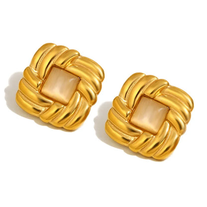 Σκουλαρίκια επιχρυσωμένο ατσάλι τετράγωνα με ροζ πέτρα-EA381