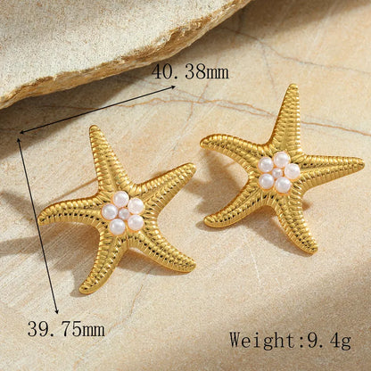 Σκουλαρίκια επιχρυσωμένο ατσάλι αστερίες με πέρλες- EA782