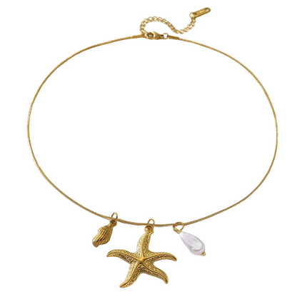 Κολιέ ατσάλινο με αστερία, κοχύλι και πέρλα - NE628