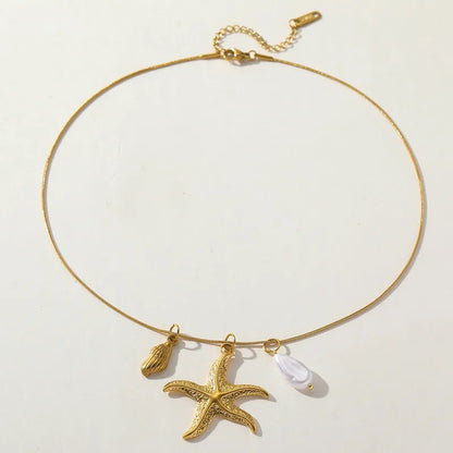 Κολιέ ατσάλινο με αστερία, κοχύλι και πέρλα - NE628