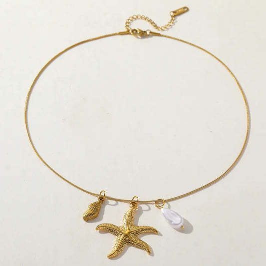 Κολιέ ατσάλινο με αστερία, κοχύλι και πέρλα - NE628