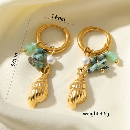 Σκουλαρίκια επιχρυσωμένο ατσάλι με κοχύλια και πράσινες πέτρες - EA789