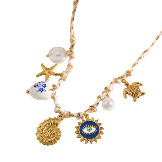 Κολιέ ατσάλι χρυσό με σχοινί καλοκαιρινά charms- NE612