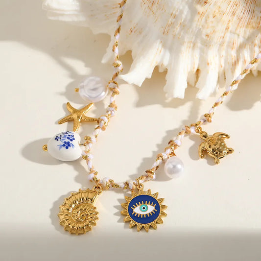 Κολιέ ατσάλι χρυσό με σχοινί καλοκαιρινά charms- NE612