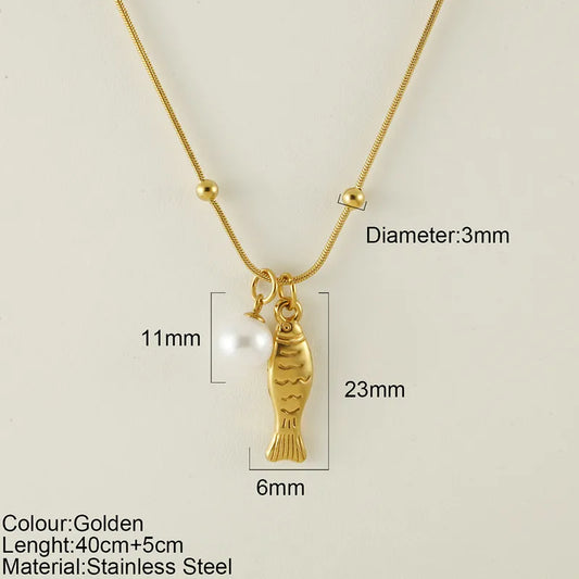 Κολιέ ατσάλινο με ψαράκι και πέρλα - ne169