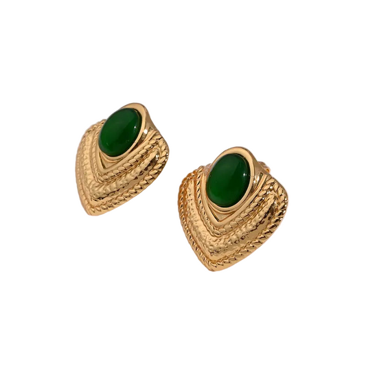 Earrings Golded Triangle Steel with Green Stone-EA034