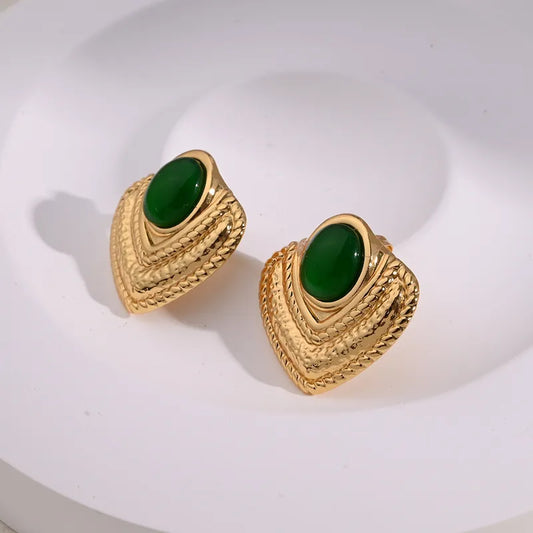 Earrings Golded Triangle Steel with Green Stone-EA034