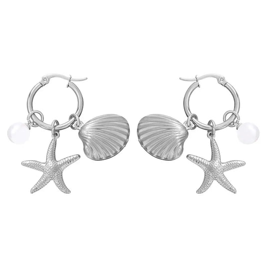 Σκουλαρίκια ατσάλι με κοχύλια και αστερία - EA786