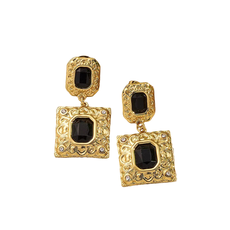 Steel Earrings Geometric with Black Stones-EA620