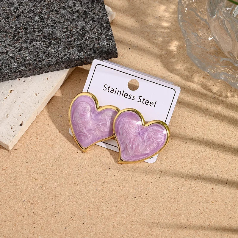 Earrings of steel pink hearts - EA274