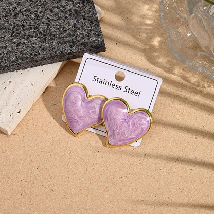 Earrings of steel pink hearts - EA274