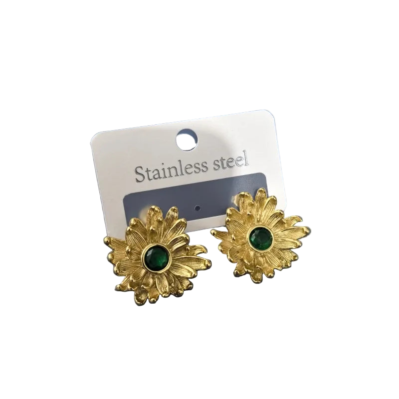 Earrings gilded steel petals with green stone-ea213