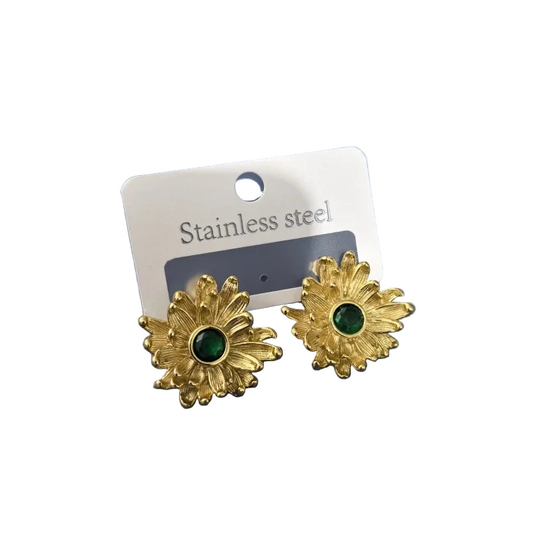 Earrings gilded steel petals with green stone-ea213