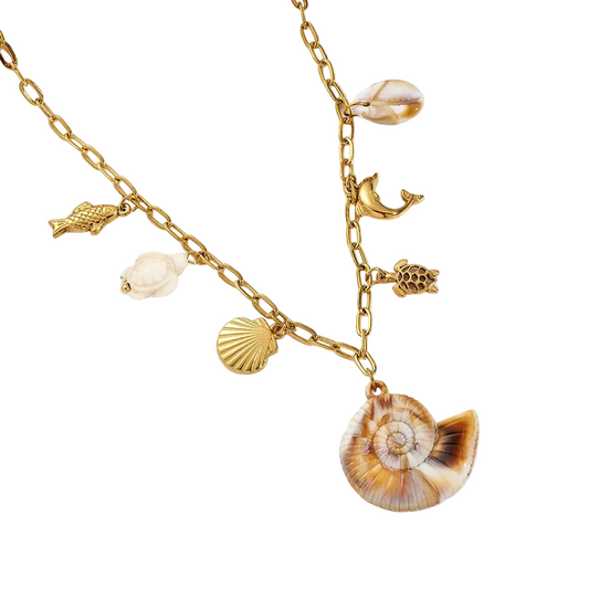 Κολιέ επιχρυσωμένο ατσάλι με καλοκαιρινά σχέδια και κοχύλι - NE655