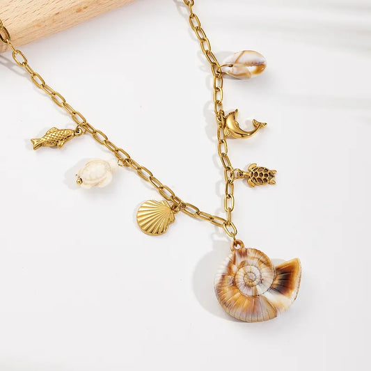 Κολιέ επιχρυσωμένο ατσάλι με καλοκαιρινά σχέδια και κοχύλι - NE655