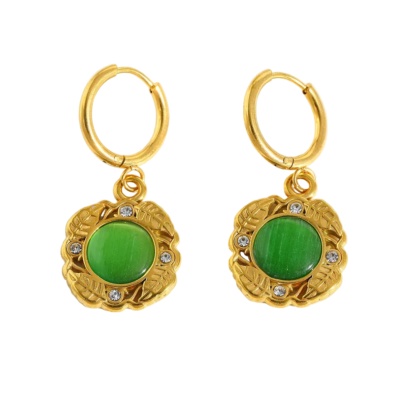 Earrings Gold Plated Steel with Green Stone and Zircon-EA528