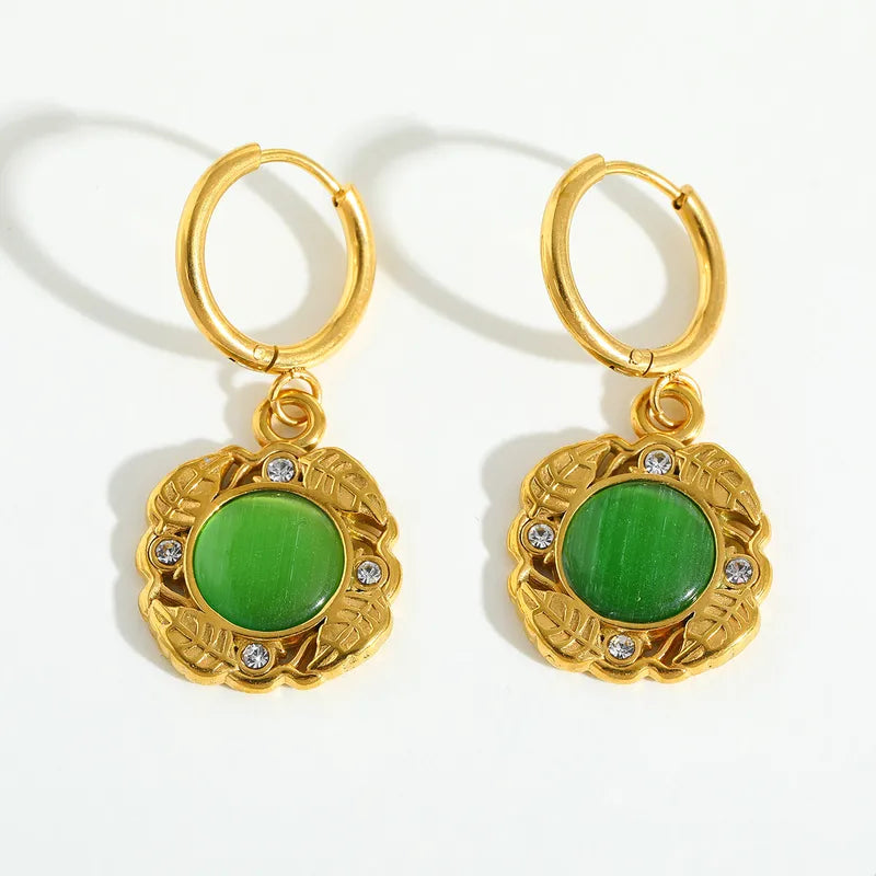 Earrings Gold Plated Steel with Green Stone and Zircon-EA528