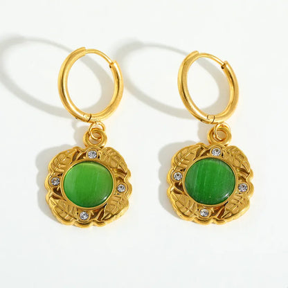 Earrings Gold Plated Steel with Green Stone and Zircon-EA528