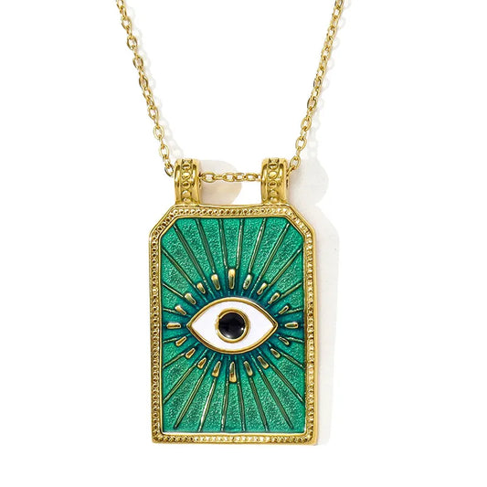 Colier dreptunghiular cu ochi turcoaz din oțel placat cu aur-NE555