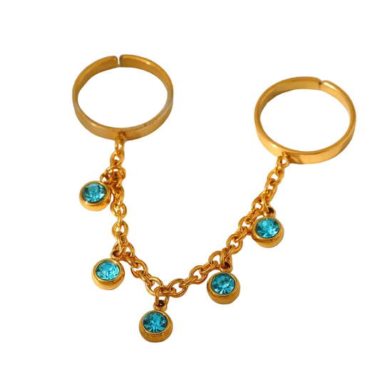 Δαχτυλίδι επιχρυσωμένο ατσάλι διπλό με αλυσίδα τιρκουάζ -R140