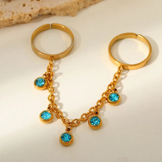 Δαχτυλίδι επιχρυσωμένο ατσάλι διπλό με αλυσίδα τιρκουάζ -R140