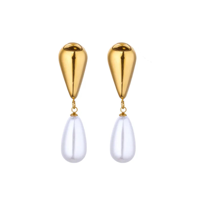 Earrings gold steel with pearl tear-ea273
