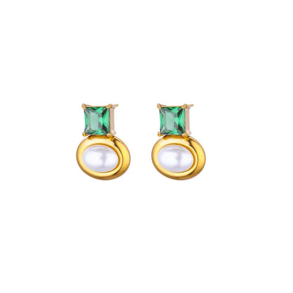 Earrings gold steel with oval pearl and green zircon-ea281
