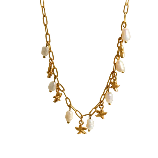 Κολιέ ατσάλινο με αστερίες και μαργαριτάρια - NE175