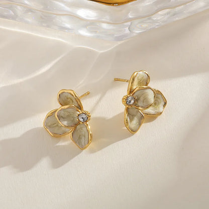 Earrings gilded steel beige petals with zircon-ea268