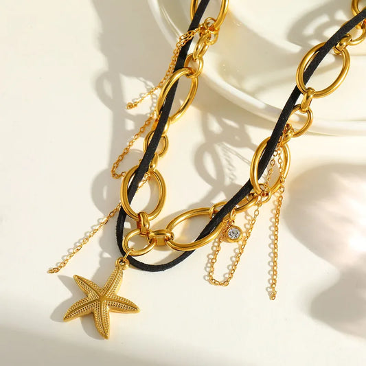 Κολιέ επιχρυσωμένο ατσάλι μπλεγμένο με αστερία-NE639