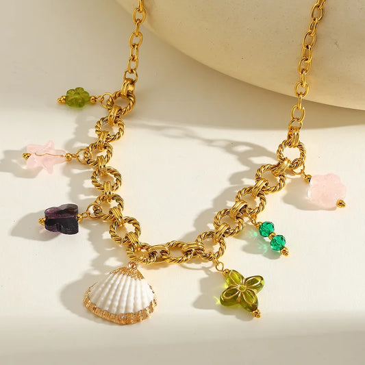 Κολιέ ατσάλινο με κοχύλι και ακρυλικά charms - NE119