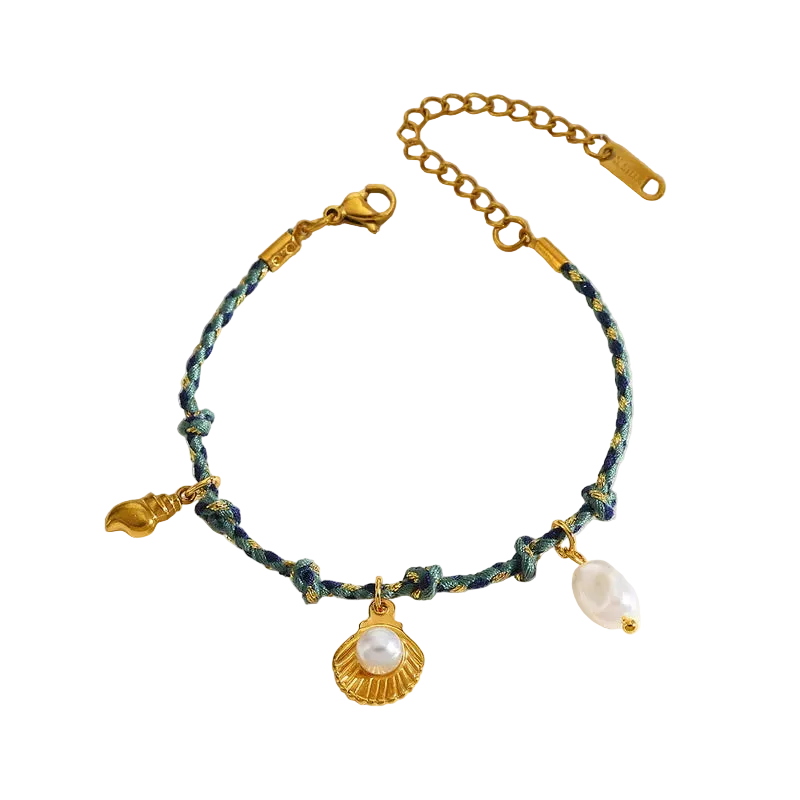 Βραχιόλι επιχρυσωμένο ατσάλι με μπλε κορδόνι και θαλάσσια μοτίβα -  BR484